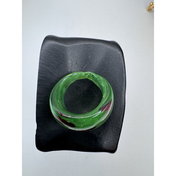 Bohemian Art Abstract Green And Red Watermelon Hand Blown Glass Bling Ring sz 7 - Picture 8 of 9
